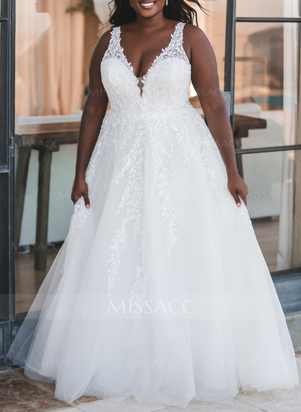 Plus Size A-Line V-Neck Sweep Train Tulle Wedding Dresses With Lace