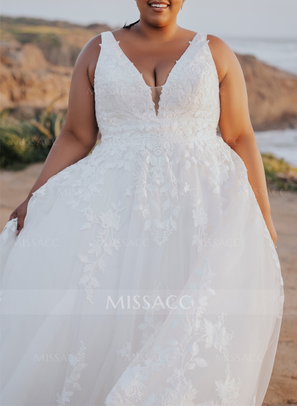 Plus Size A-Line V-Neck Sleeveless Sweep Train Tulle Wedding Dresses With Lace