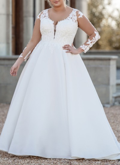 Plus Size A-Line V-Neck Long Sleeves Satin Wedding Dresses With Back Hole