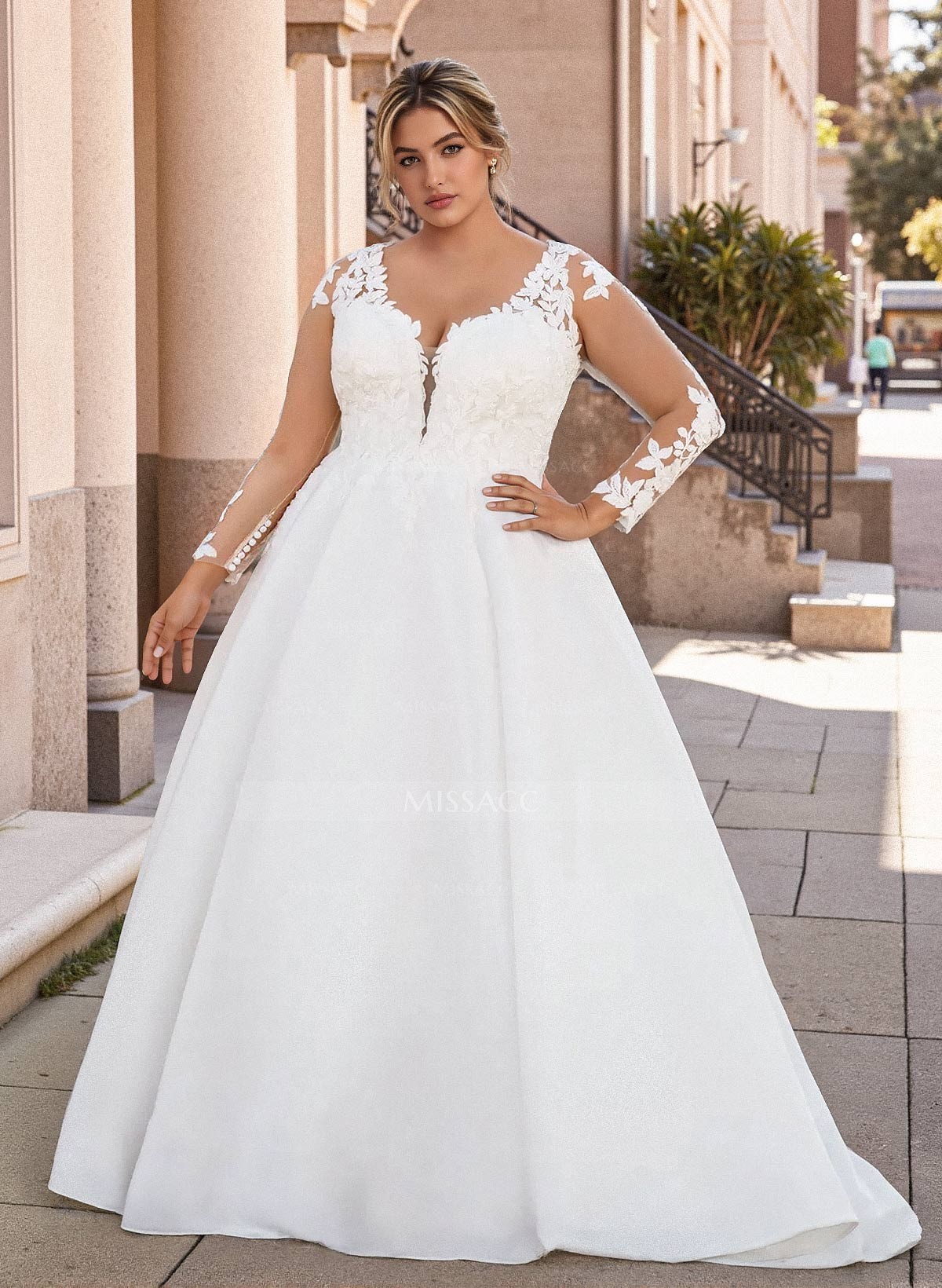 Plus Size A-Line V-Neck Long Sleeves Satin Wedding Dresses With Back Hole