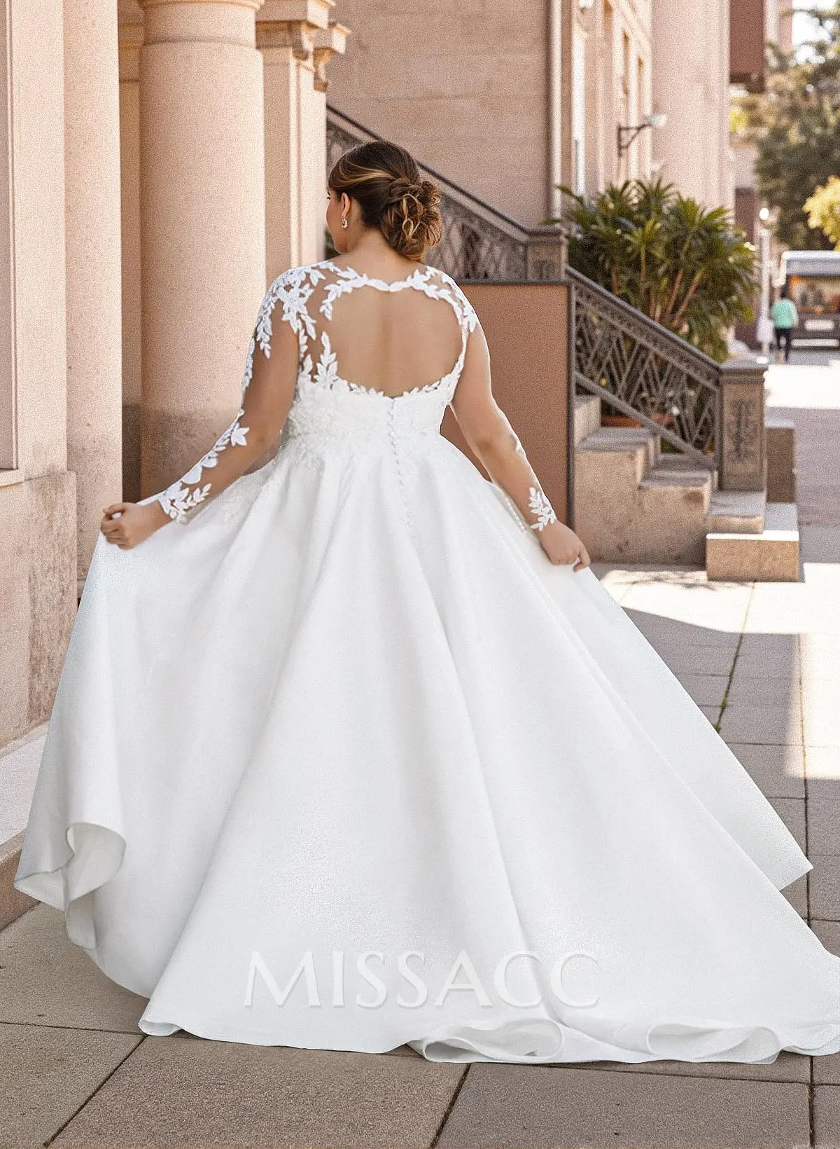 long sleeve satin wedding dress plus size Sheer Long Sleeve A-Line Plus Size Sparkling Wedding Dresses EU34