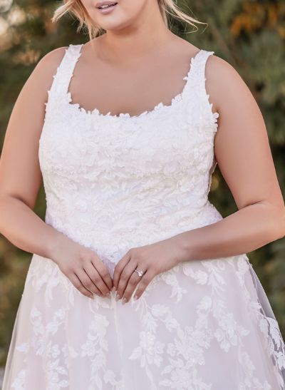 Plus Size A-Line Cowl Neck Sleeveless Sweep Train Lace Wedding Dresses