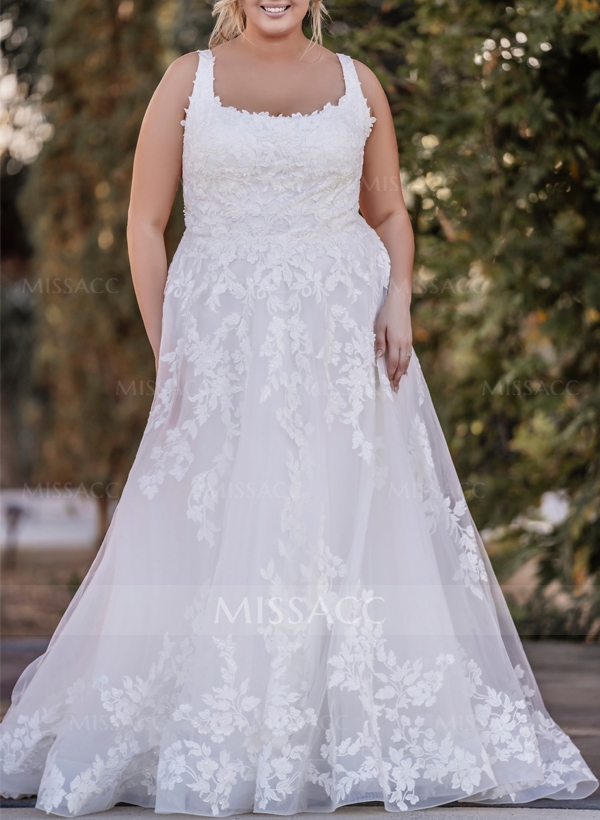 Plus Size A-Line Cowl Neck Sleeveless Sweep Train Lace Wedding Dresses