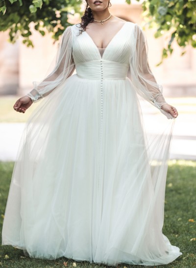 Plus Size A-Line V-Neck Long Sleeves Sweep Train Tulle Wedding Dresses