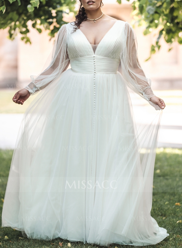 Plus Size A-Line V-Neck Long Sleeves Sweep Train Tulle Wedding Dresses