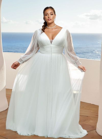 Plus Size A-Line V-Neck Long Sleeves Sweep Train Tulle Wedding Dresses