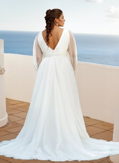 Plus Size A-Line V-Neck Long Sleeves Sweep Train Tulle Wedding Dresses