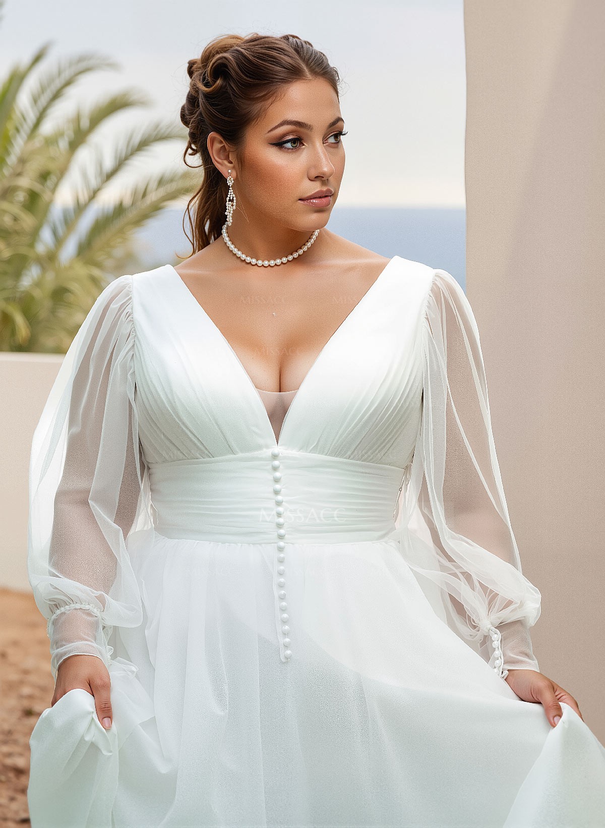 Plus Size A-Line V-Neck Long Sleeves Sweep Train Tulle Wedding Dresses