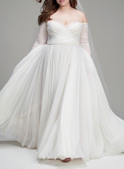 Plus Size A-Line Off-The-Shoulder 3/4 Sleeves Sweep Train Chiffon Wedding Dresses