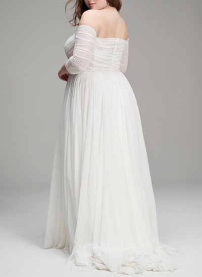 Plus Size A-Line Off-The-Shoulder 3/4 Sleeves Sweep Train Chiffon Wedding Dresses