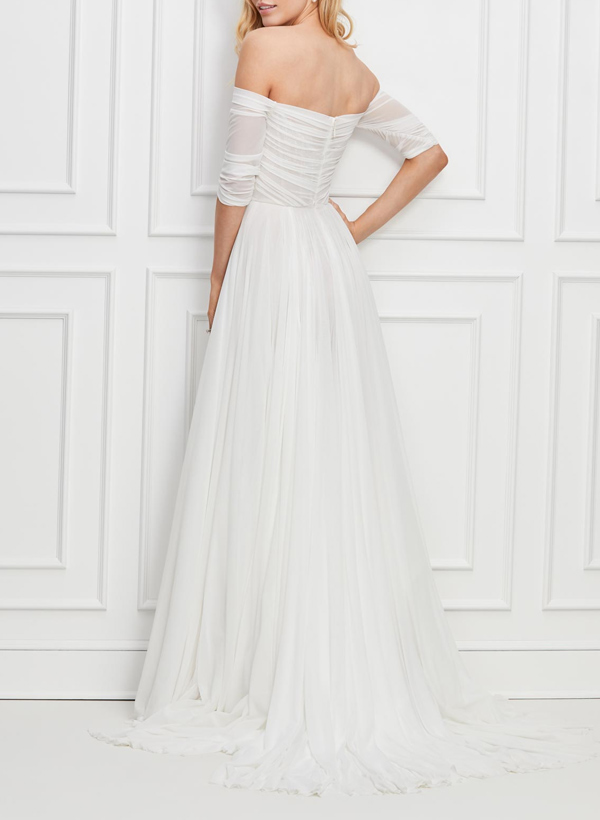 Plus Size A-Line Off-The-Shoulder 3/4 Sleeves Sweep Train Chiffon Wedding Dresses