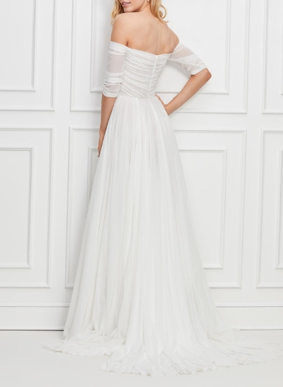 Plus Size A-Line Off-The-Shoulder 3/4 Sleeves Sweep Train Chiffon Wedding Dresses