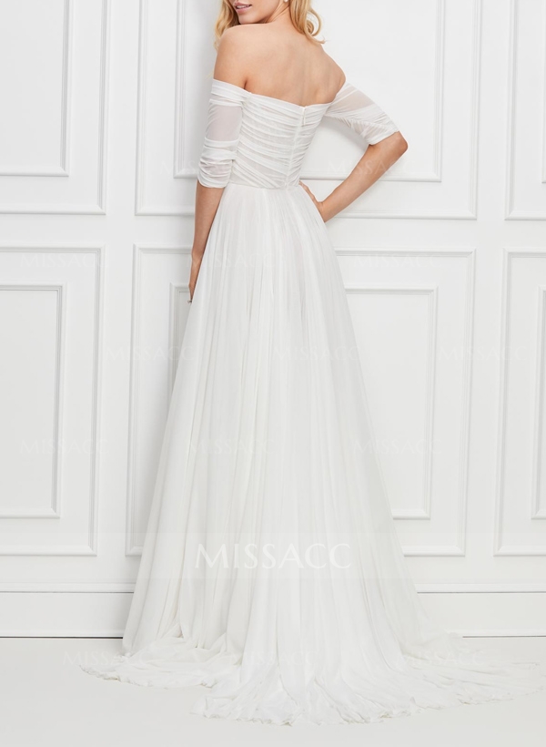 Plus Size A-Line Off-The-Shoulder 3/4 Sleeves Sweep Train Chiffon Wedding Dresses