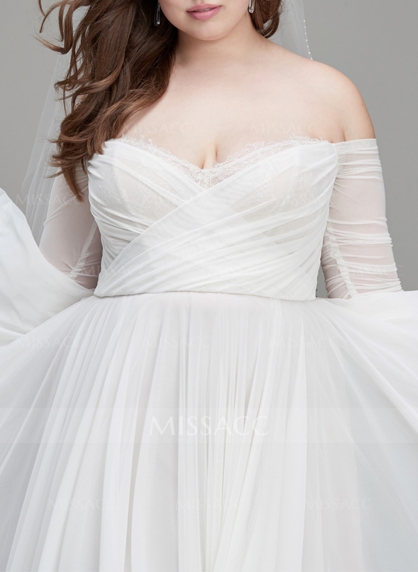 Plus Size A-Line Off-The-Shoulder 3/4 Sleeves Sweep Train Chiffon Wedding Dresses