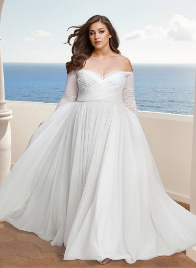 Plus Size A-Line Off-The-Shoulder 3/4 Sleeves Sweep Train Chiffon Wedding Dresses