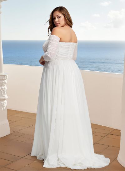 Plus Size A-Line Off-The-Shoulder 3/4 Sleeves Sweep Train Chiffon Wedding Dresses