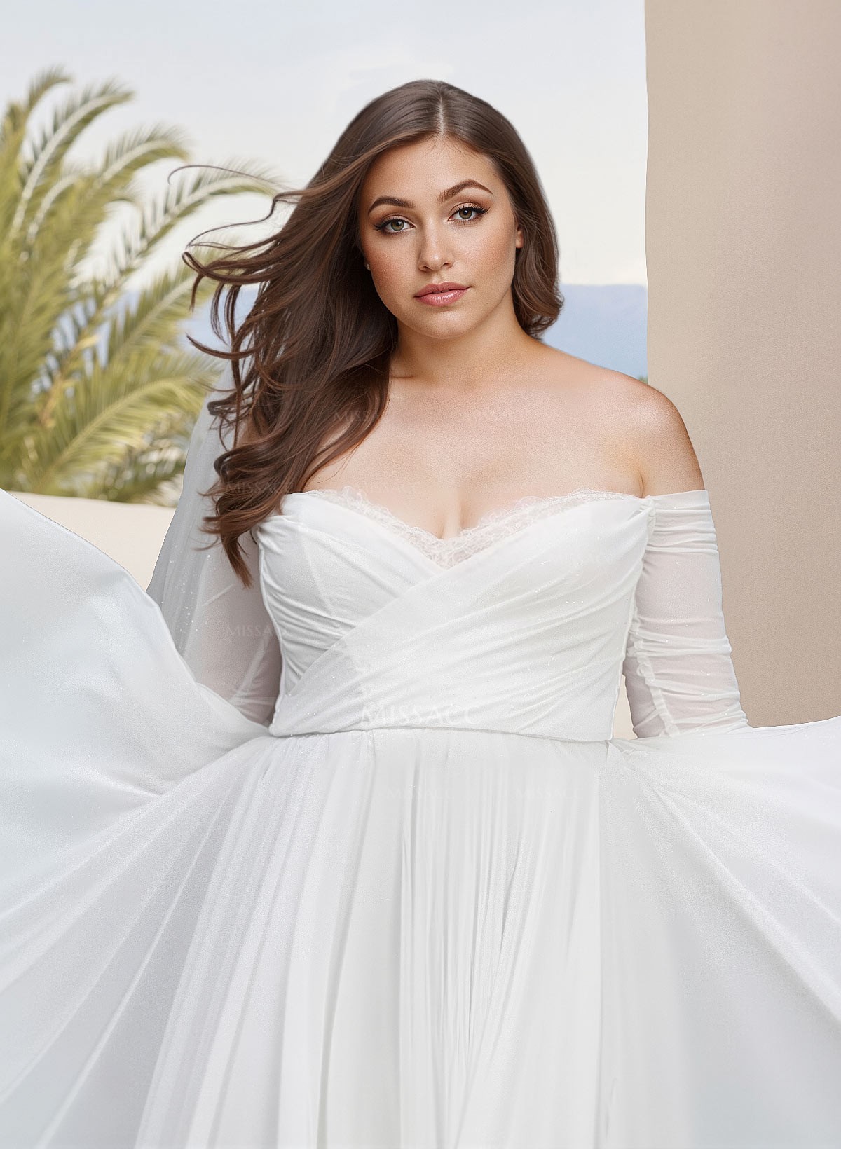 Plus Size A-Line Off-The-Shoulder 3/4 Sleeves Sweep Train Chiffon Wedding Dresses