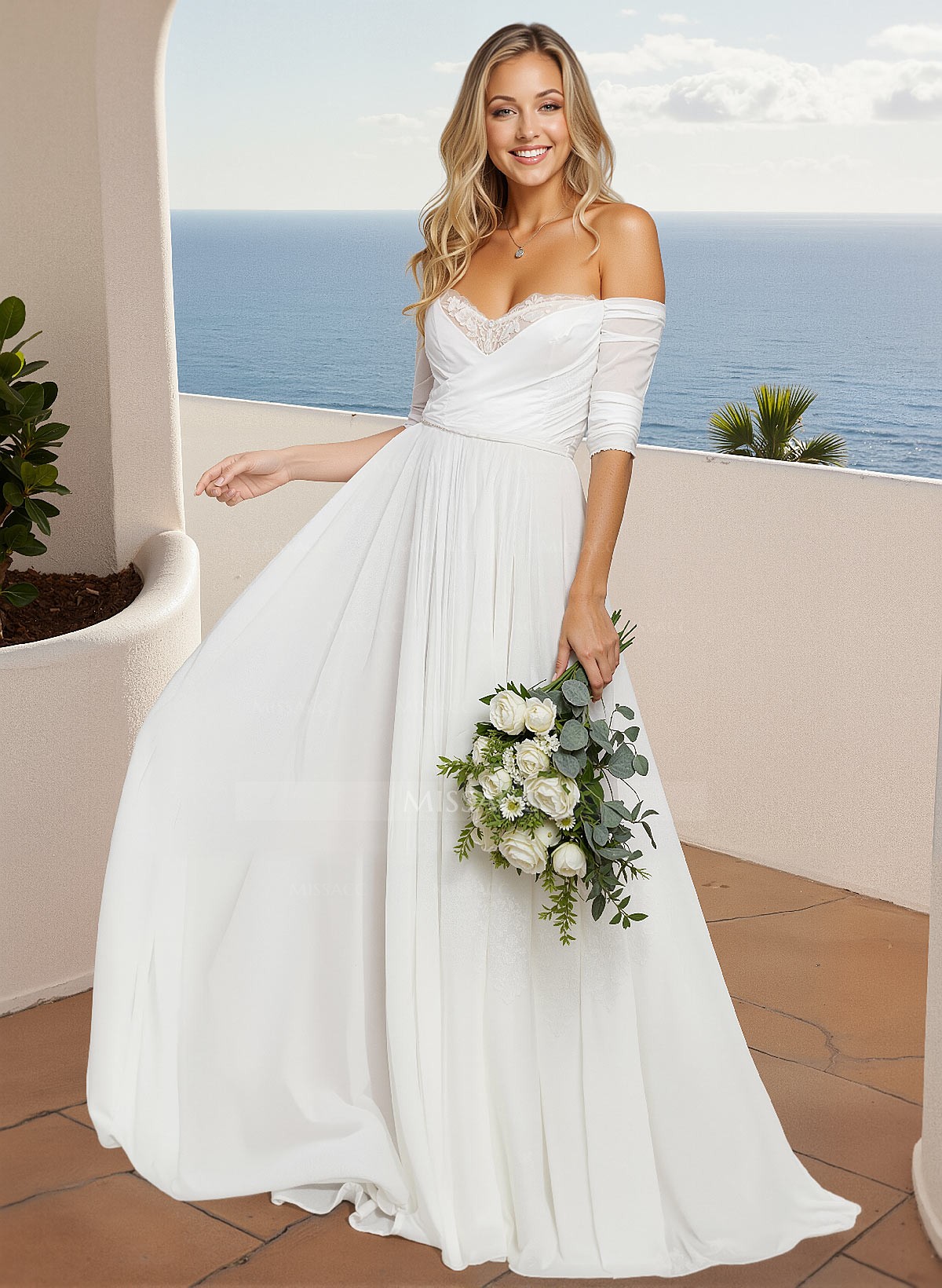 Plus Size A-Line Off-The-Shoulder 3/4 Sleeves Sweep Train Chiffon Wedding Dresses