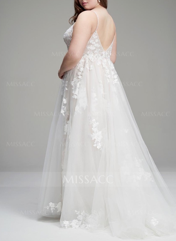 Plus Size A-Line V-Neck Sleeveless Sweep Train Tulle Wedding Dresses With Lace