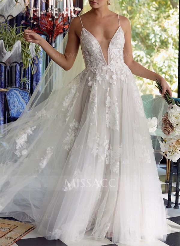 Plus Size A-Line V-Neck Sleeveless Sweep Train Tulle Wedding Dresses With Lace