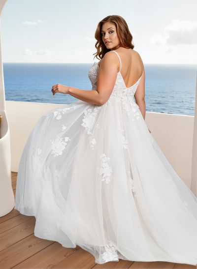 Plus Size A-Line V-Neck Sleeveless Sweep Train Tulle Wedding Dresses With Lace