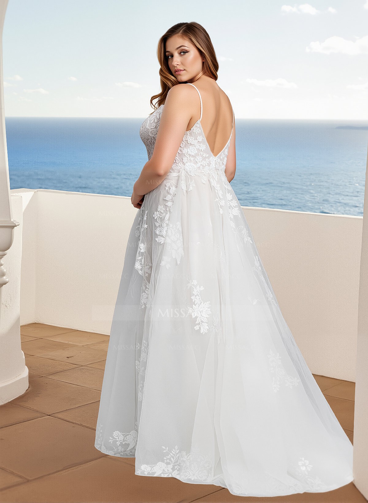 Plus Size A-Line V-Neck Sleeveless Sweep Train Tulle Wedding Dresses With Lace