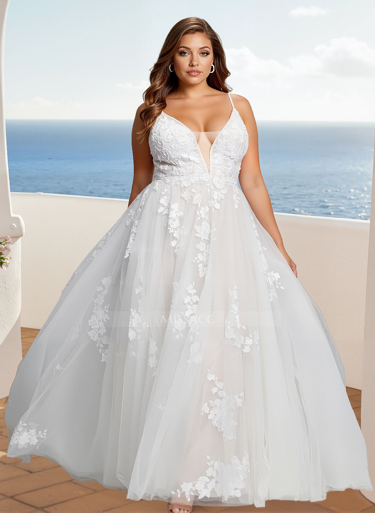 Plus Size A-Line V-Neck Sleeveless Sweep Train Tulle Wedding Dresses With Lace