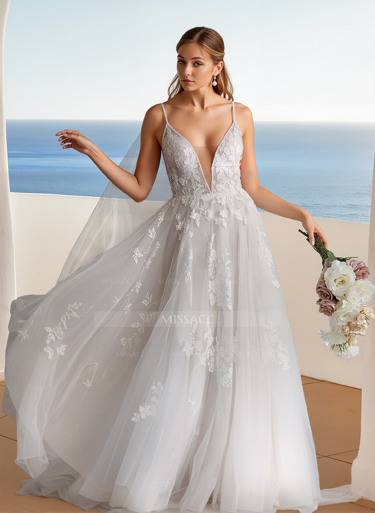 Plus Size A-Line V-Neck Sleeveless Sweep Train Tulle Wedding Dresses With Lace