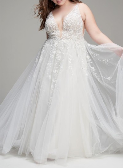 Plus Size A-Line V-Neck Sleeveless Sweep Train Tulle Wedding Dresses BRIDE With Lace