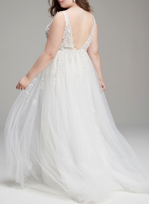 Plus Size A-Line V-Neck Sleeveless Sweep Train Tulle Wedding Dresses BRIDE With Lace