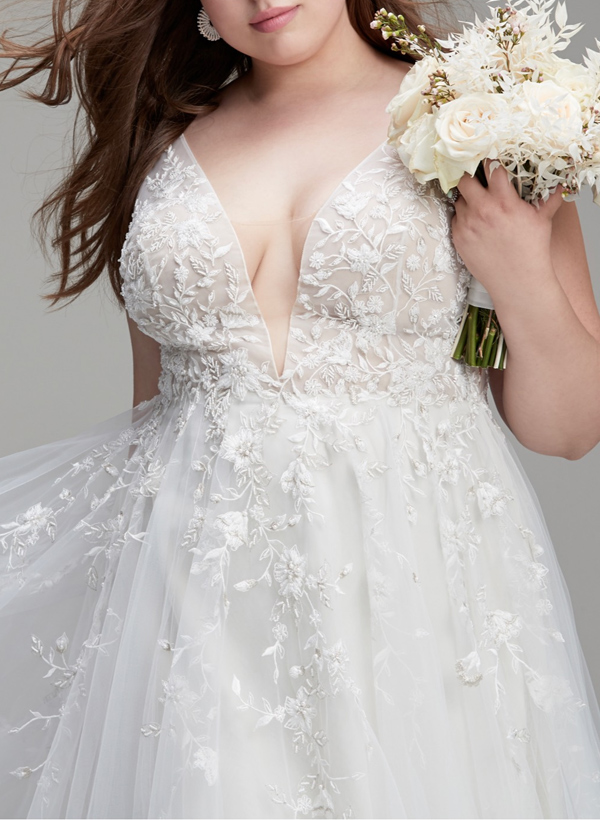 Plus Size A-Line V-Neck Sleeveless Sweep Train Tulle Wedding Dresses BRIDE With Lace