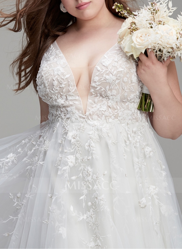 Plus Size A-Line V-Neck Sleeveless Sweep Train Tulle Wedding Dresses BRIDE With Lace