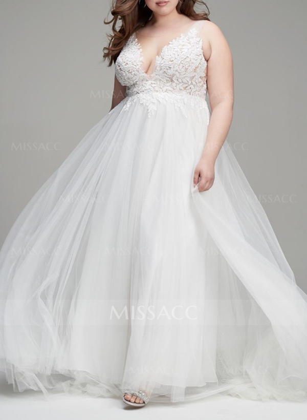 Plus Size A-Line V-Neck Sleeveless Sweep Train Tulle Wedding Dresses With Lace