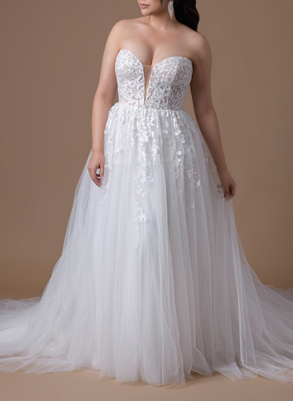 Plus Size A-Line Sweetheart Sleeveless Court Train Tulle Wedding Dresses With Lace