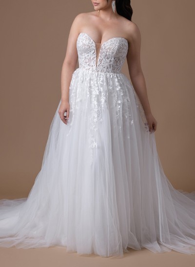 Plus Size A-Line Sweetheart Sleeveless Court Train Tulle Wedding Dresses With Lace