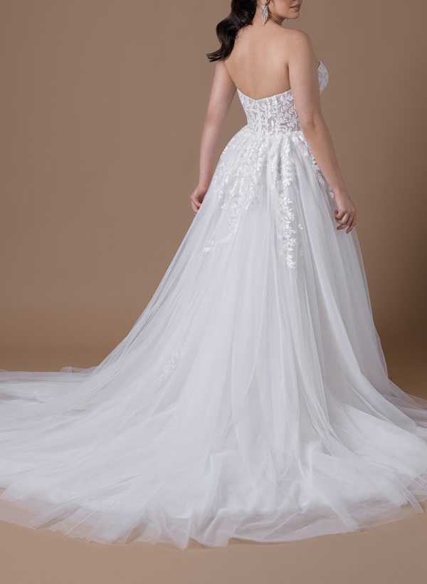 Plus Size A-Line Sweetheart Sleeveless Court Train Tulle Wedding Dresses With Lace