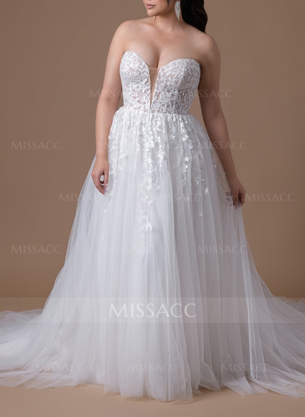 Plus Size A-Line Sweetheart Sleeveless Court Train Tulle Wedding Dresses With Lace