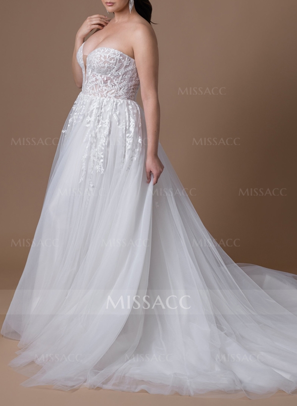 Plus Size A-Line Sweetheart Sleeveless Court Train Tulle Wedding Dresses With Lace