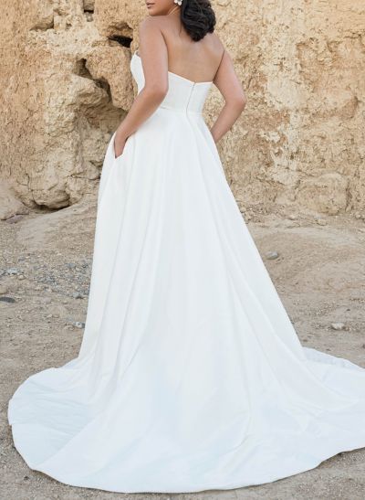 Plus Size A-Line Strapless Sleeveless Sweep Train Satin Wedding Dresses With Pockets