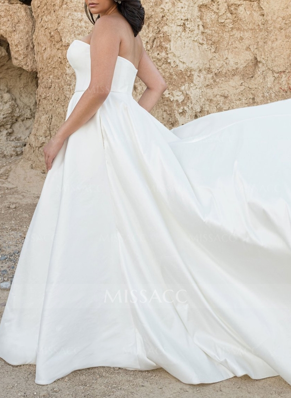 Plus Size A-Line Strapless Sleeveless Sweep Train Satin Wedding Dresses With Pockets