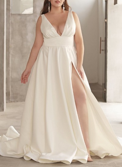 Plus Size A-Line V-Neck Sleeveless Court Train Satin Wedding Dresses