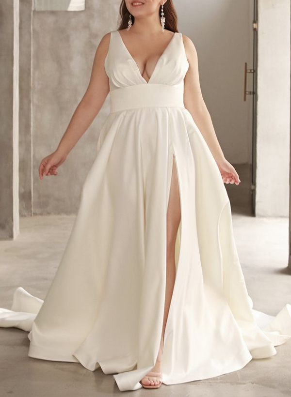 Plus Size A-Line V-Neck Sleeveless Court Train Satin Wedding Dresses