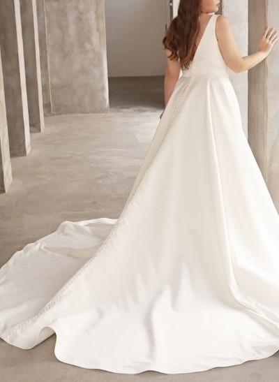 Plus Size A-Line V-Neck Sleeveless Court Train Satin Wedding Dresses