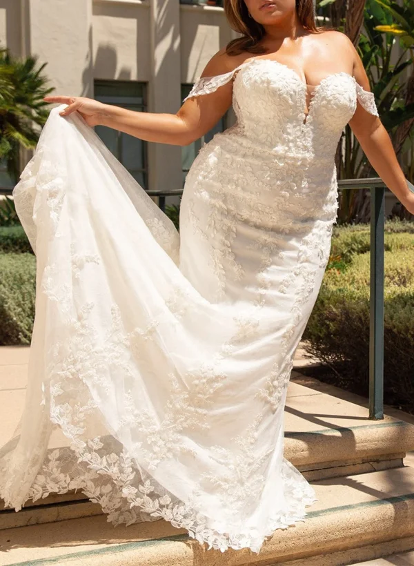 chinese dress ladies Plus Size Off the Shoulder White Mermaid Wedding Gown – FancyVestido main image 1