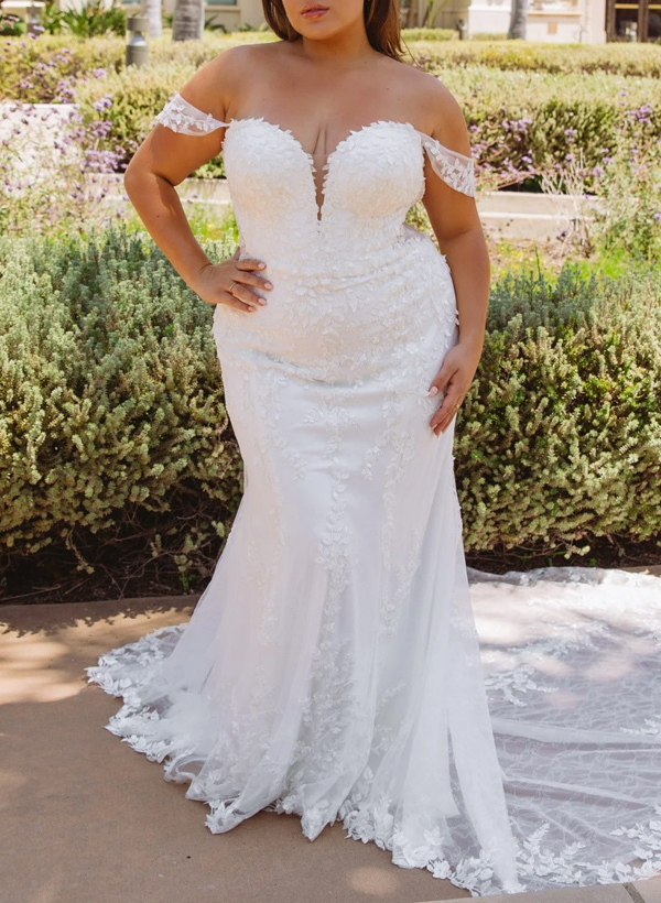 Tallas Grandes Trompeta/Sirena Fuera del Hombro Cola corte Encaje Vestidos  de Novia