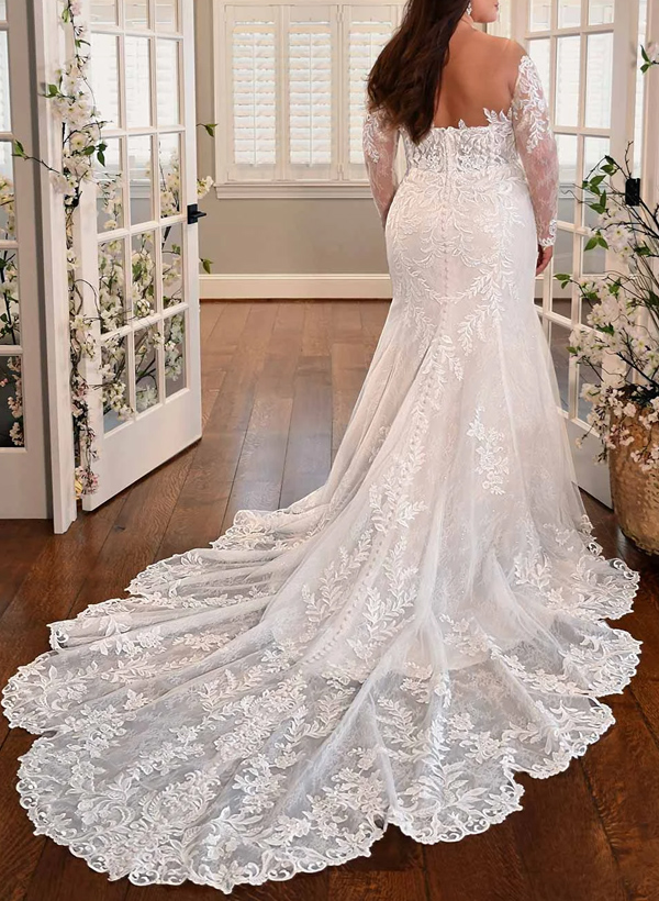 Plus Size Trumpet/Mermaid Off-The-Shoulder Long Sleeves Court Train Lace Wedding Dresses