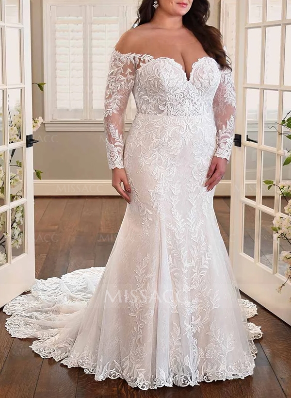 Plus Size Trumpet/Mermaid Off-The-Shoulder Long Sleeves Court Train Lace Wedding Dresses