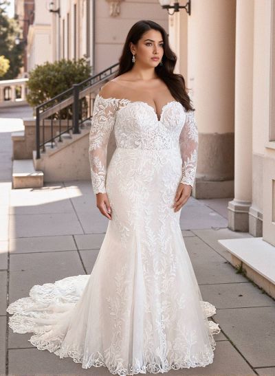 Plus Size Trumpet/Mermaid Off-The-Shoulder Long Sleeves Court Train Lace Wedding Dresses