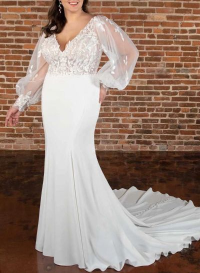 Plus Size Trumpet/Mermaid V-Neck Chiffon Wedding Dresses With Lace