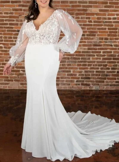 Plus Size Trumpet/Mermaid V-Neck Elastic Satin Wedding Dresses With Lace